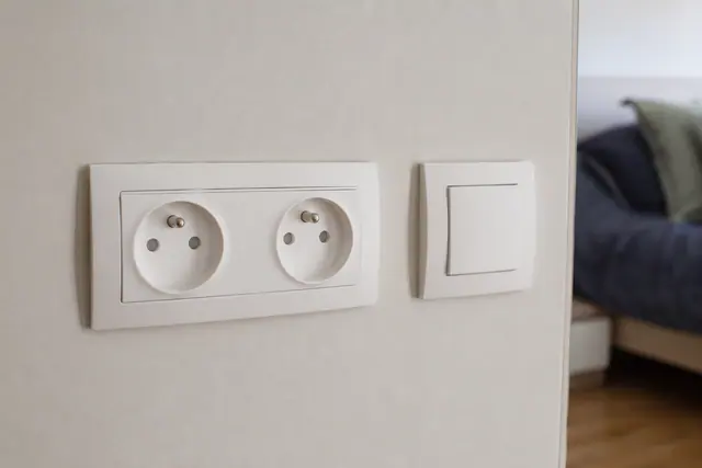 Prise électrique murale double raccordée à un interrupteur voisin dans une chambre
