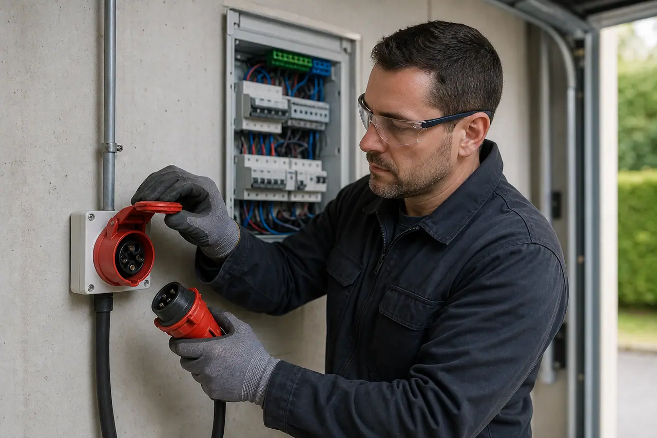 Électricien contrôlant une prise industrielle rouge près d’un tableau domestique.