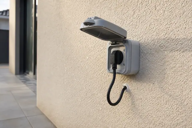 Prise électrique étanche à couvercle relevé fixée sur une façade crépie, câble descendant