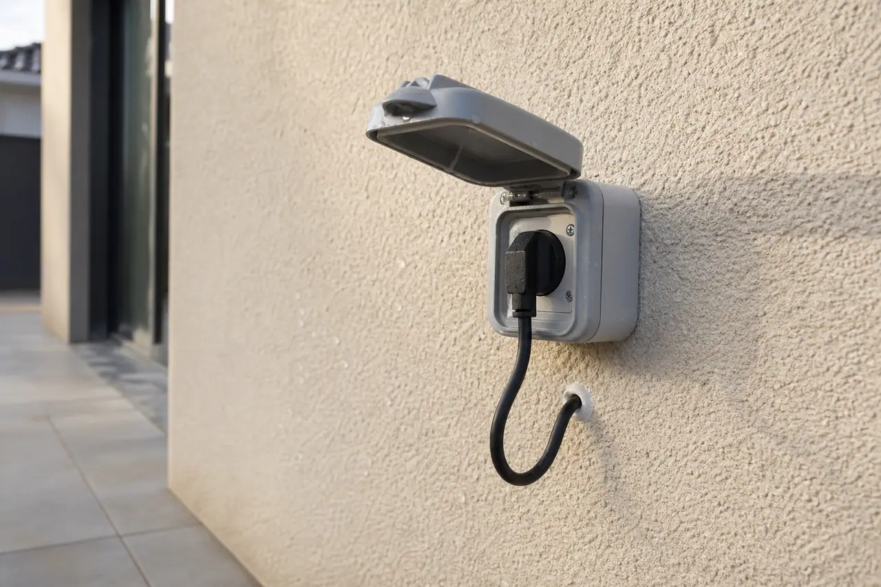 Prise électrique étanche à couvercle relevé fixée sur une façade crépie, câble descendant