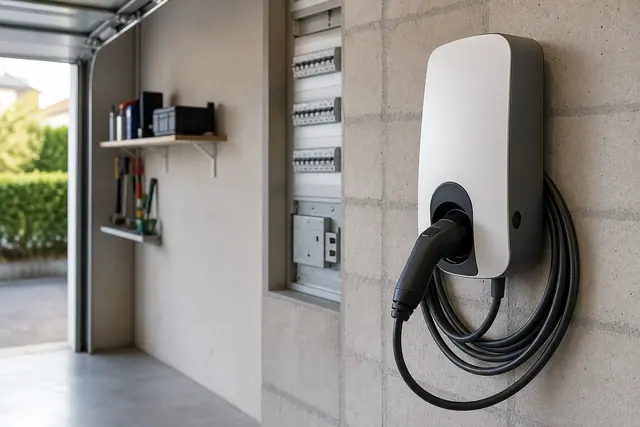 Câble de recharge branché sur une borne murale fixée dans un garage résidentiel