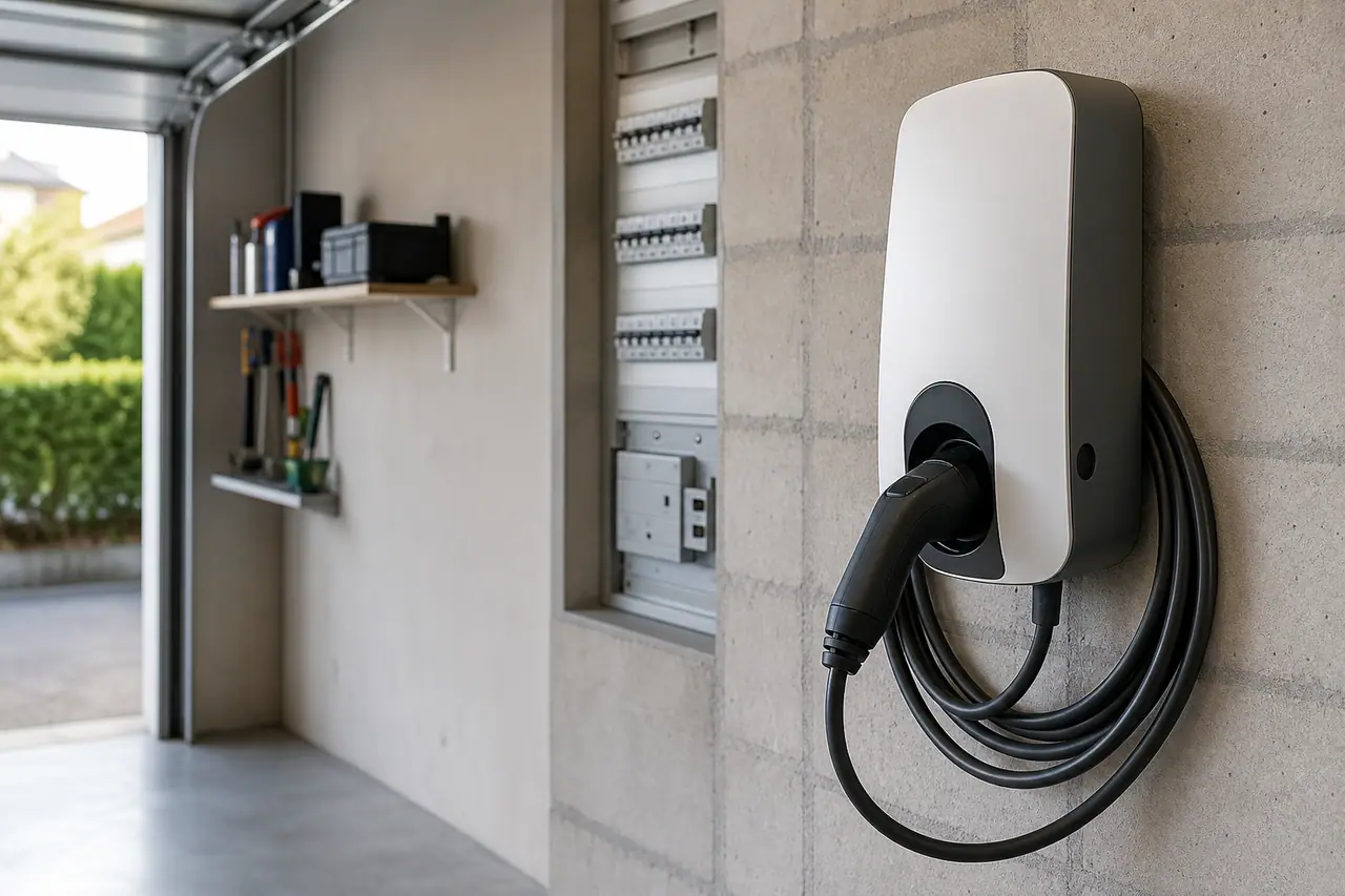 Câble de recharge branché sur une borne murale fixée dans un garage résidentiel