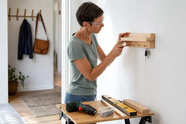 Personne fixant un vide-poche en bois dans une entrée bien rangée.