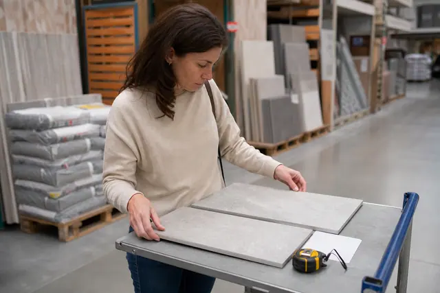 Particulier comparant des échantillons de carrelage dans une allée de matériaux.