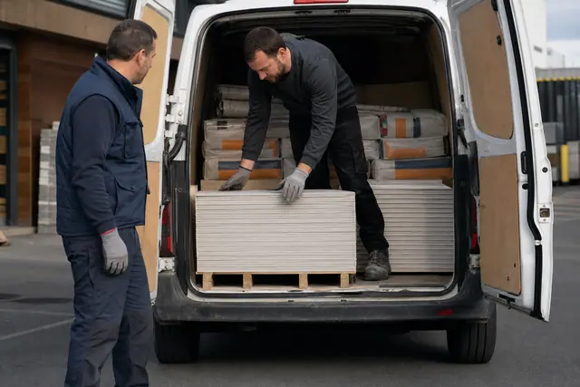 Particulier préparant le chargement de matériaux dans un utilitaire au retrait magasin