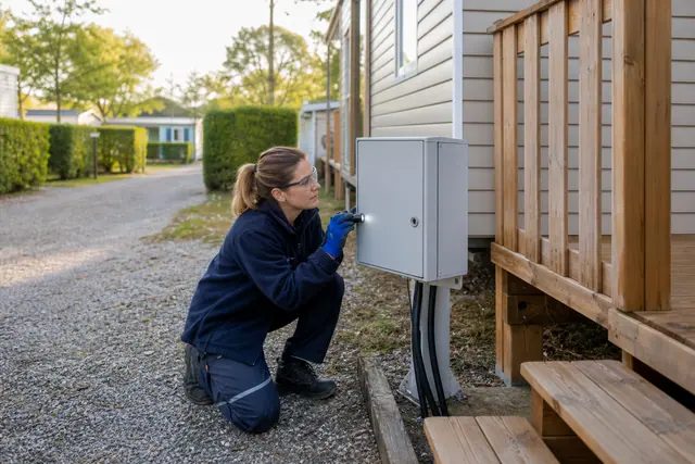Agente d’entretien inspectant un coffret extérieur près d’un mobil-home au printemps.