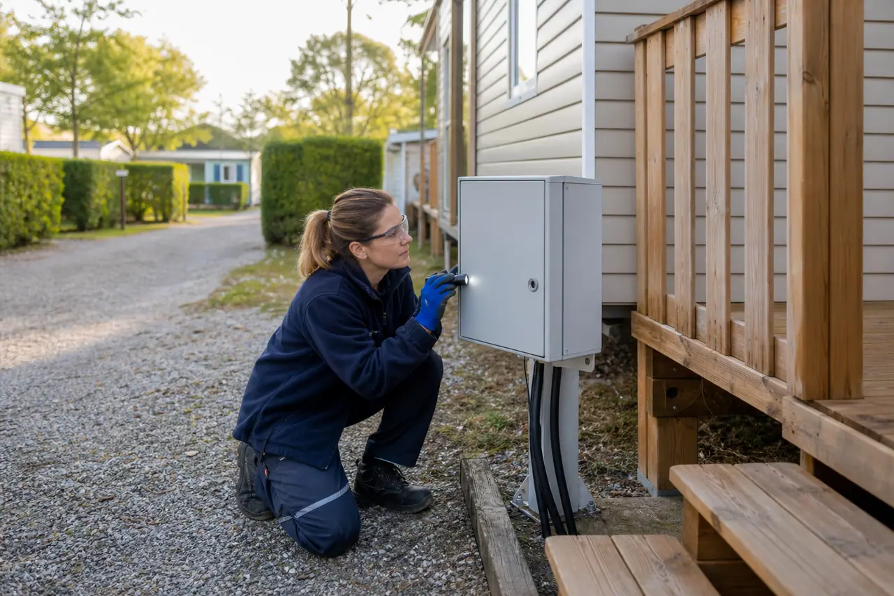 Agente d’entretien inspectant un coffret extérieur près d’un mobil-home au printemps.