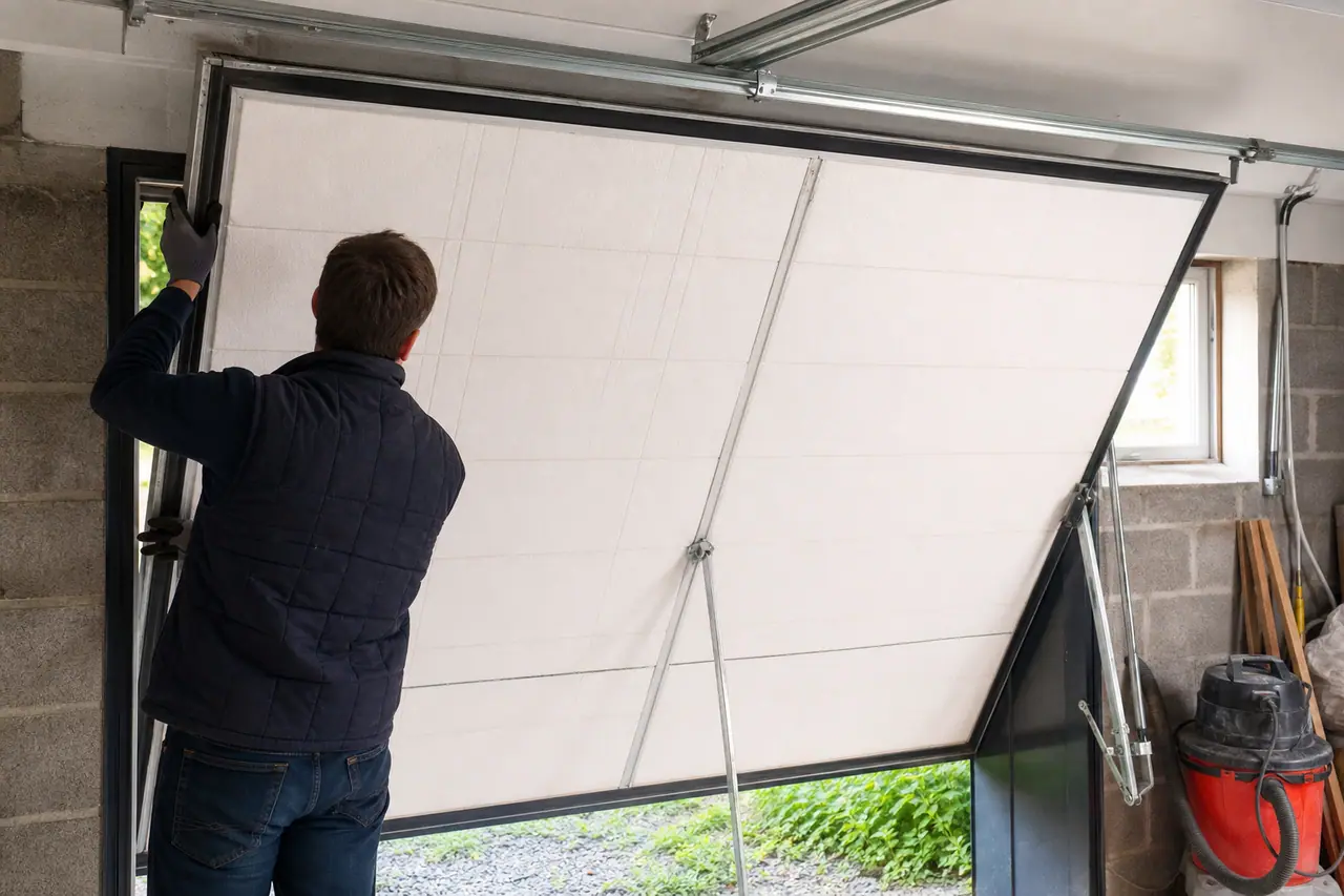 Panneaux isolants posés sur la face intérieure d'une porte de garage basculante