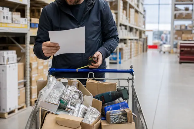 Personne vérifiant les références d’un caddie de bricolage dans un entrepôt.