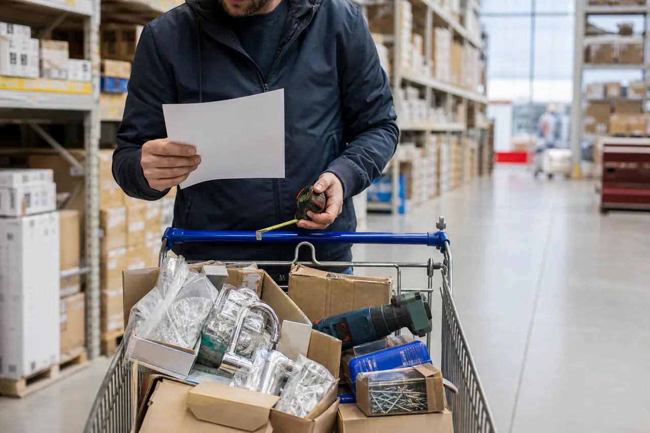 Personne vérifiant les références d’un caddie de bricolage dans un entrepôt.