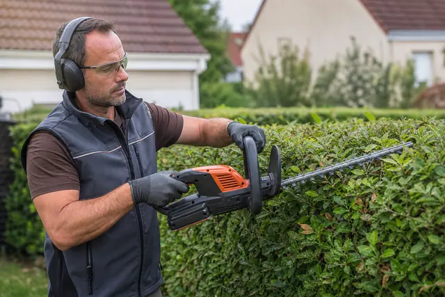 Jardinier équipé d’un casque antibruit taillant une haie près de maisons.