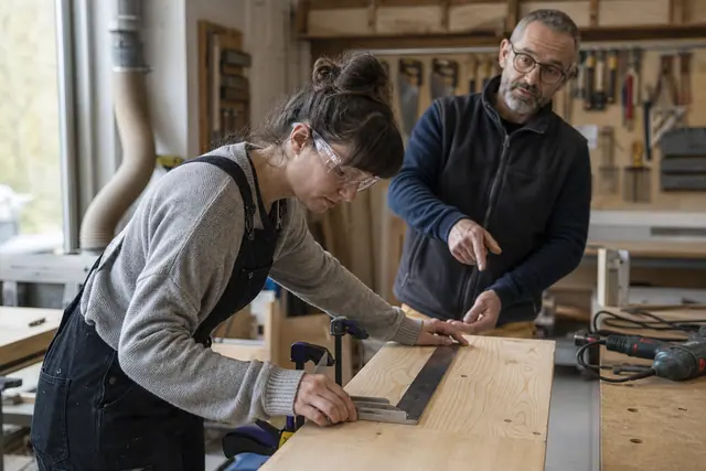 Débutante mesurant une planche de pin sur un établi d’atelier partagé.
