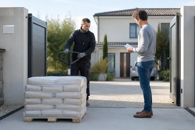 Réception d’une palette de sacs de mortier devant une maison, avec transpalette.