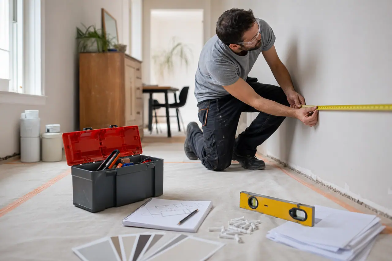 Particulier préparant des travaux de rénovation avec mètre, devis et caisse à outils