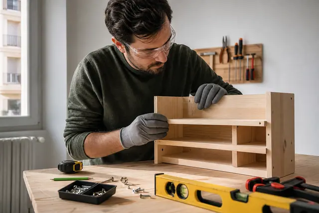 Bricoleuse préparant une étagère en bois avec niveau et serre-joints.