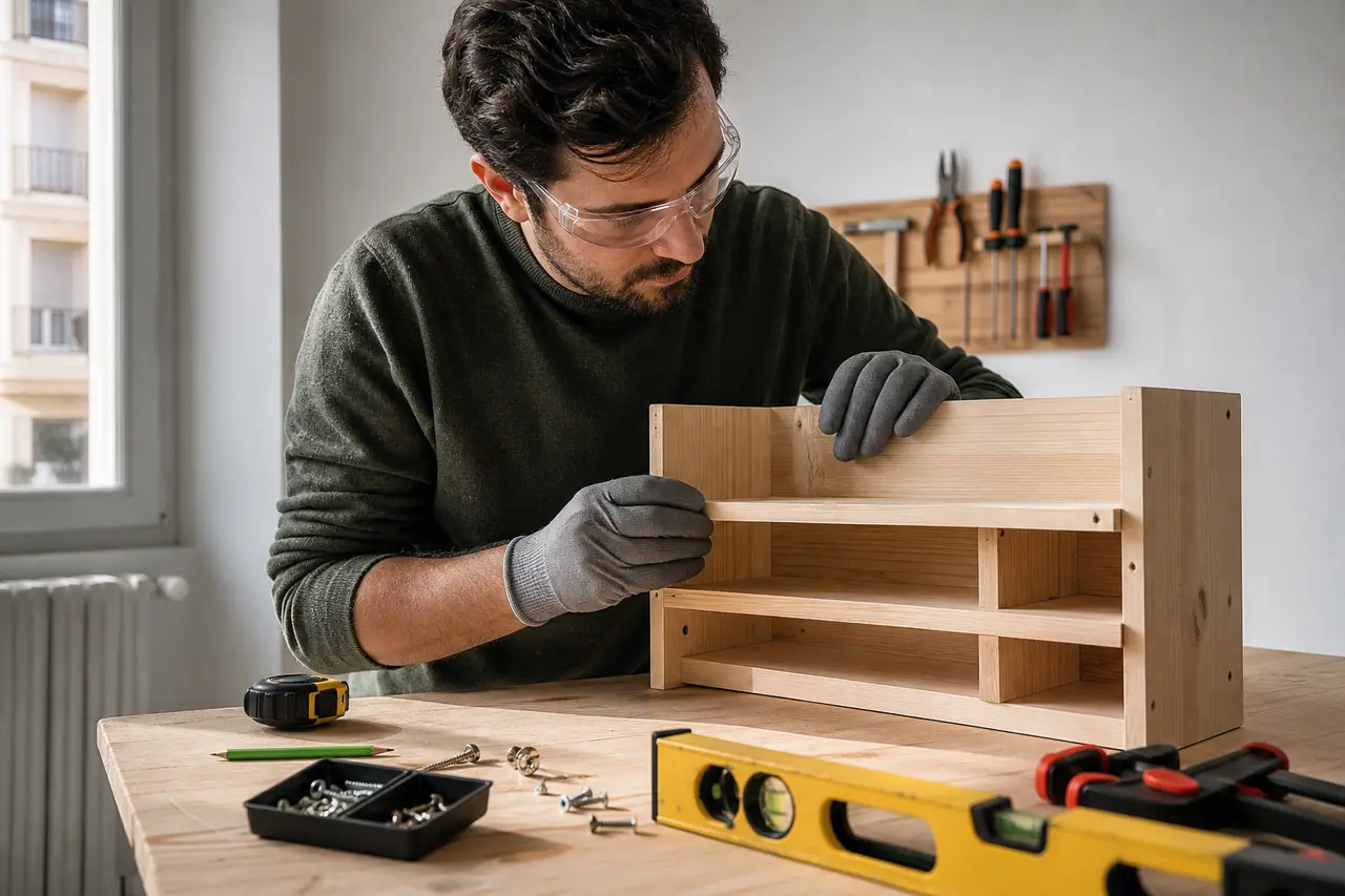 Bricoleuse préparant une étagère en bois avec niveau et serre-joints.