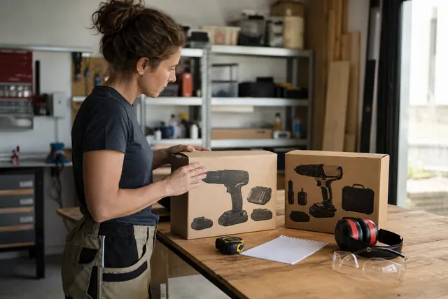 Bricoleuse comparant deux coffrets d’outils sur un établi de garage.