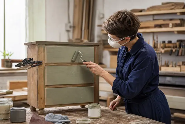 Personne appliquant une finition sur une commode récupérée dans un atelier partagé.
