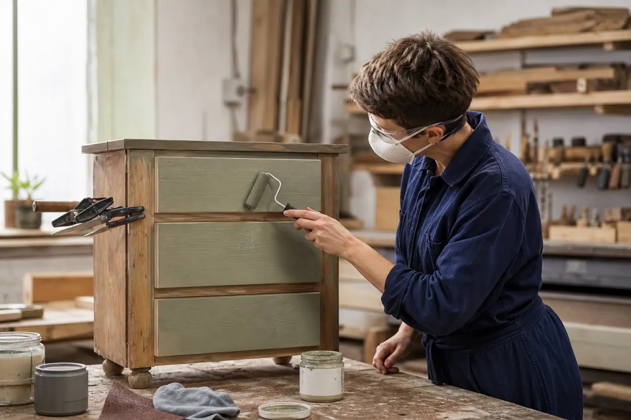 Personne appliquant une finition sur une commode récupérée dans un atelier partagé.
