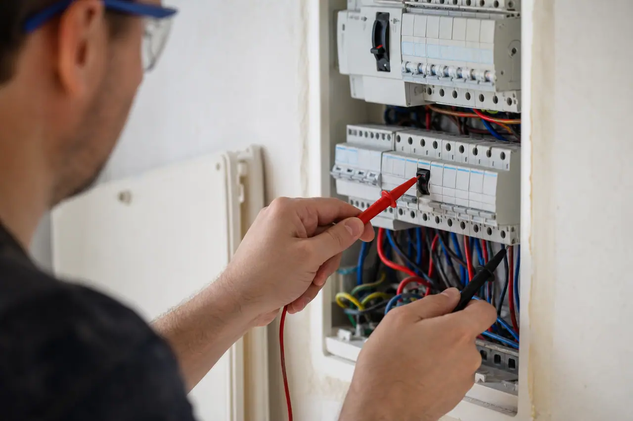 Vérification d’absence de tension dans un coffret électrique domestique avant intervention.