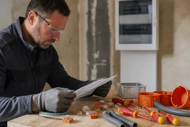 Électricien préparant des connecteurs clipsés sur un établi de rénovation domestique.