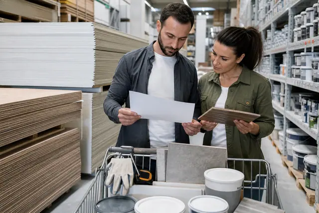 Couple comparant revêtements et matériaux dans un magasin de bricolage.