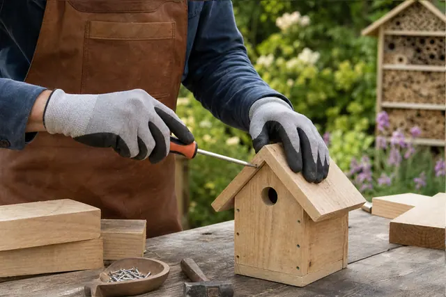 Montage d’un nichoir en bois brut sur un établi de jardin
