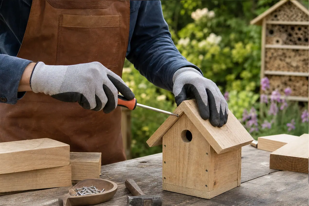 Montage d’un nichoir en bois brut sur un établi de jardin