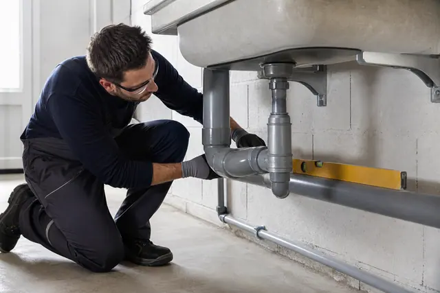 Réseau PVC d’évacuation installé sous un évier dans une maison