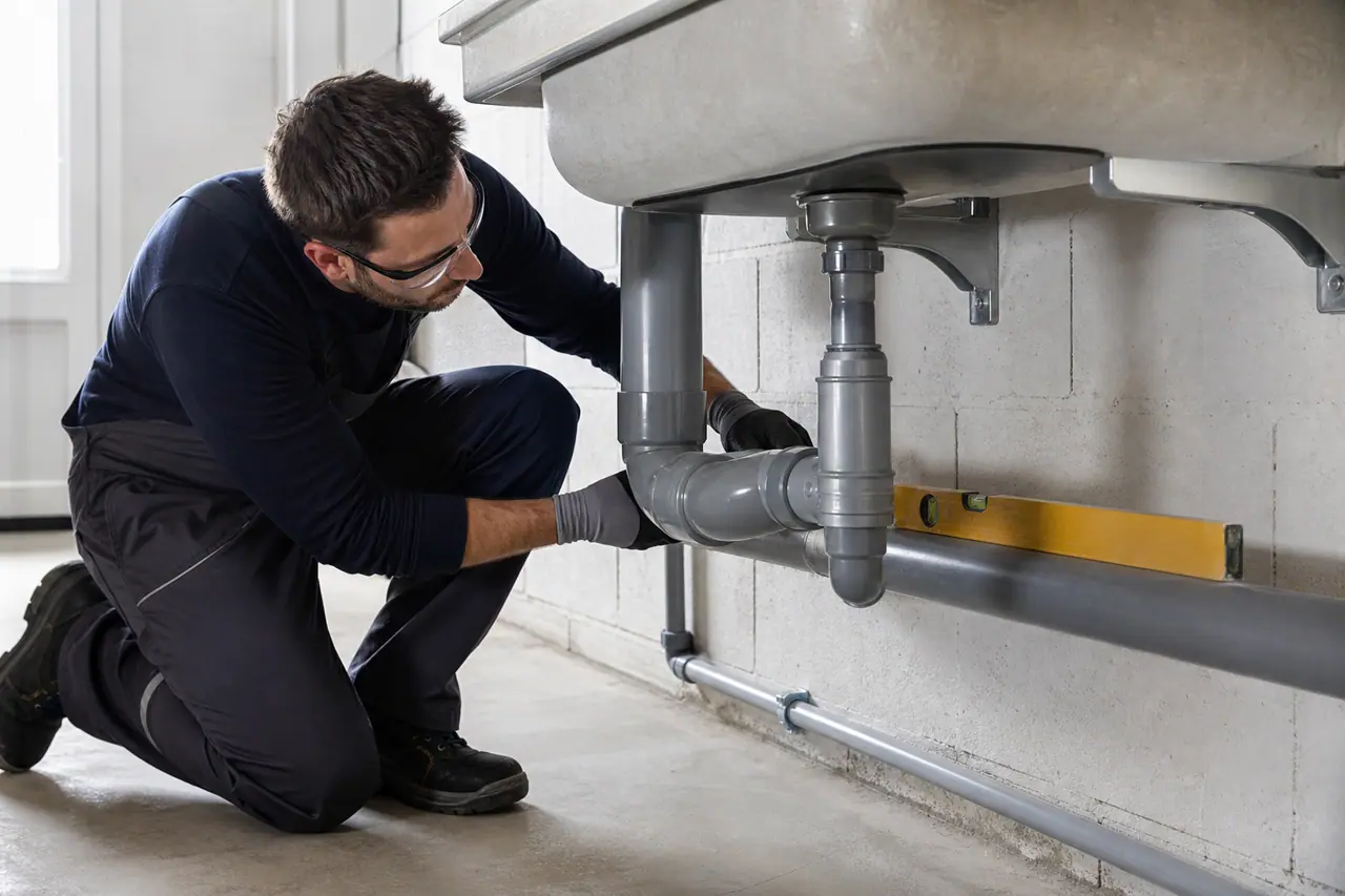 Réseau PVC d’évacuation installé sous un évier dans une maison