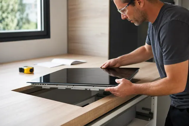 Pose soigneuse d’une plaque à induction dans un plan de travail découpé.