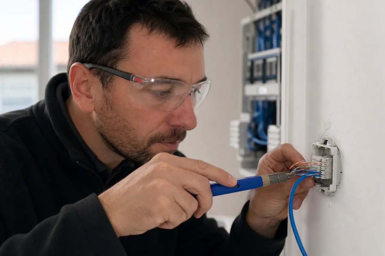 Branchement d’un câble réseau Cat 6A dans une prise murale RJ45.