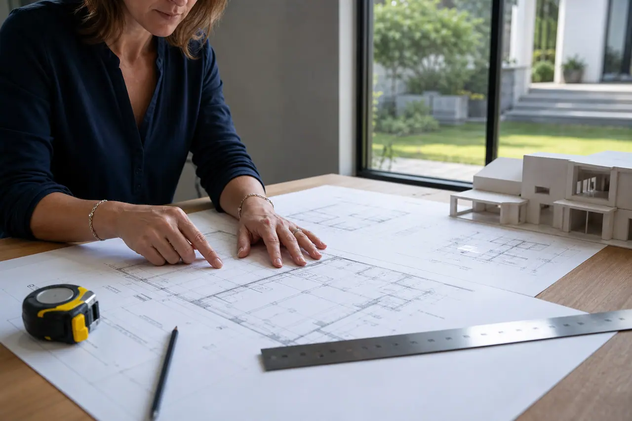 Propriétaire préparant des plans d’extension sur une table près du jardin.
