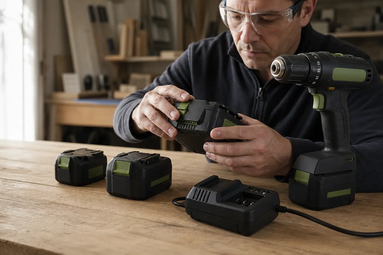 Batteries d’outils sans fil de capacités différentes sur un établi en bois.