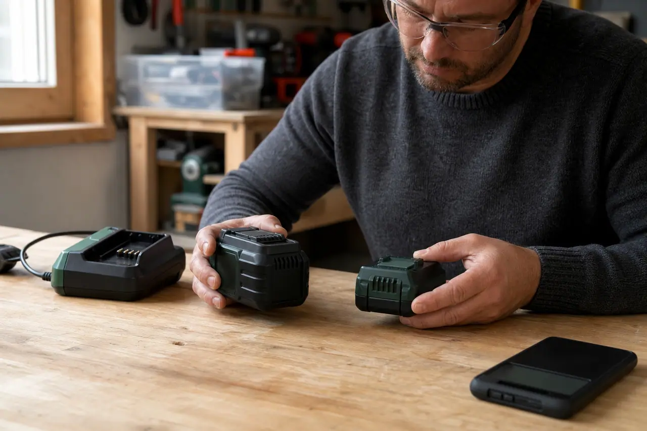 Deux batteries 18 V comparées sur un établi d’atelier domestique.