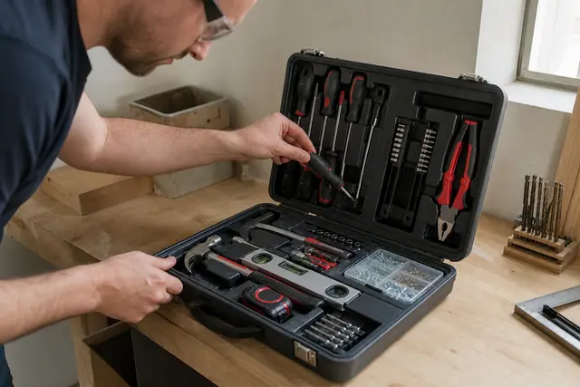 Mallette d’outils ouverte et organisée sur un établi domestique lumineux.