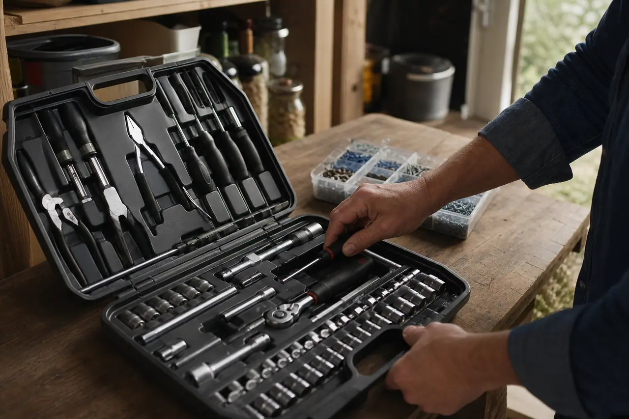 Mallette d’outils ouverte avec tournevis, pinces et douilles sur établi
