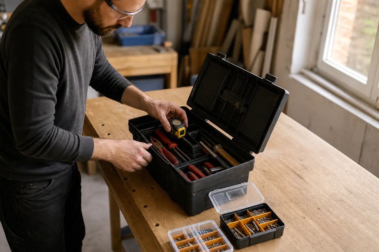 Caisse à outils ouverte et rangée sur un établi avec outils manuels.