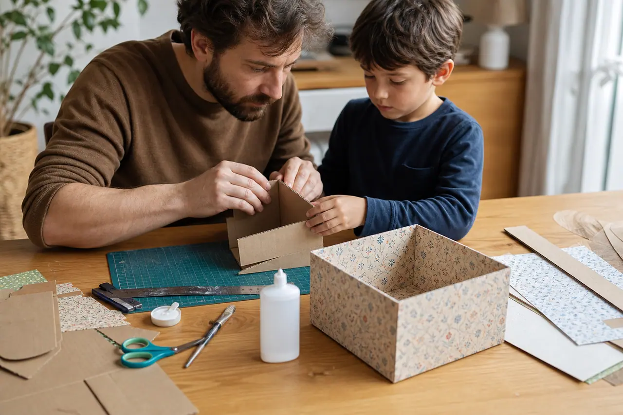 Adulte et enfant fabriquant une boîte de rangement en carton décoré.