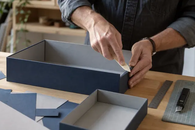 Boîte en carton habillée de papier sur un établi de loisirs créatifs.