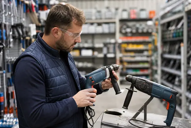 Client comparant deux perceuses sur un établi dans un magasin de bricolage.