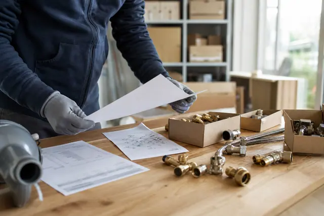 Dossier de commandes et raccords de plomberie préparés sur un établi de rénovation.