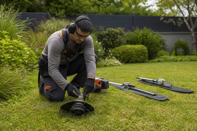 Jardinier équipé réglant une débroussailleuse multifonction devant des herbes hautes.
