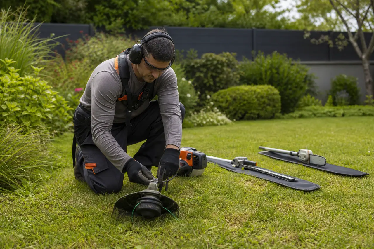 Jardinier équipé réglant une débroussailleuse multifonction devant des herbes hautes.