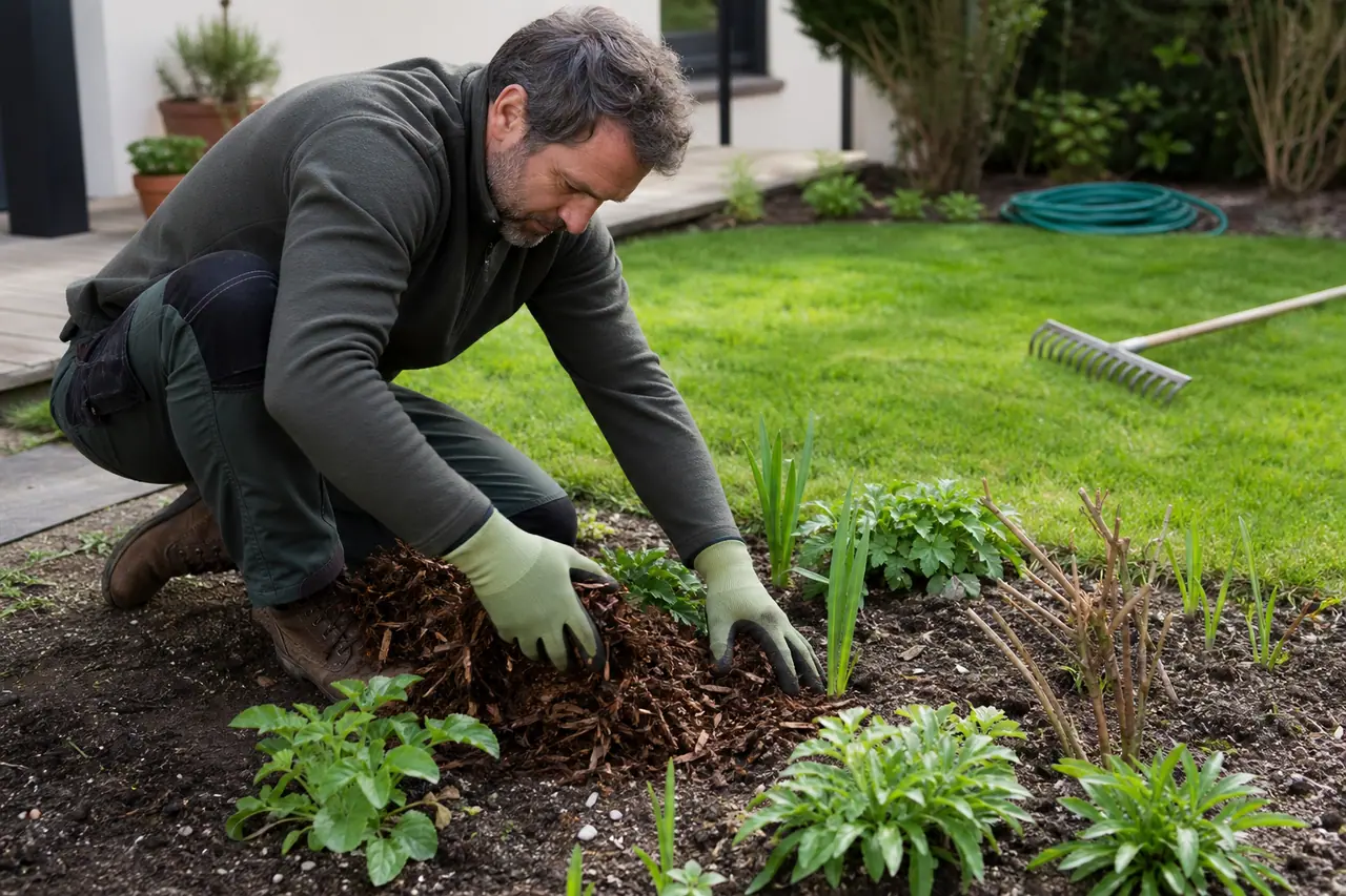 Jardinier étalant du paillage autour de jeunes plantes dans un massif printanier.