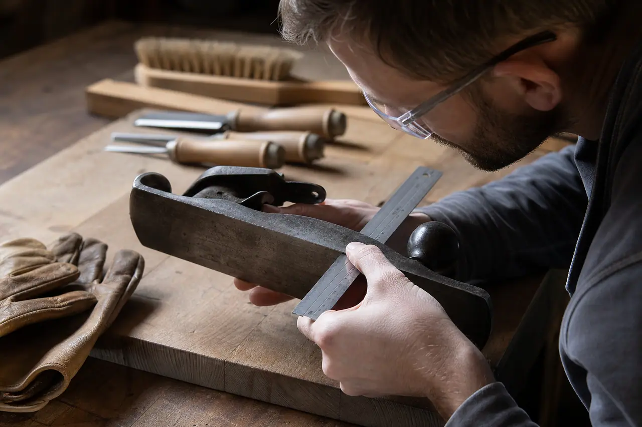 Bricoleur contrôlant la semelle d’un rabot ancien avec une règle métallique.
