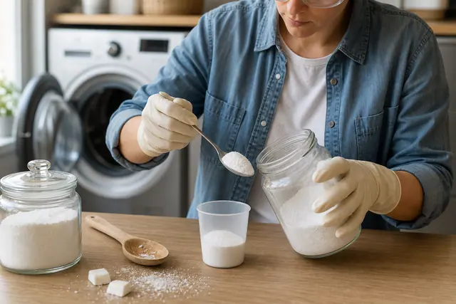 Préparation de lessive en poudre près d’un lave-linge dans une buanderie