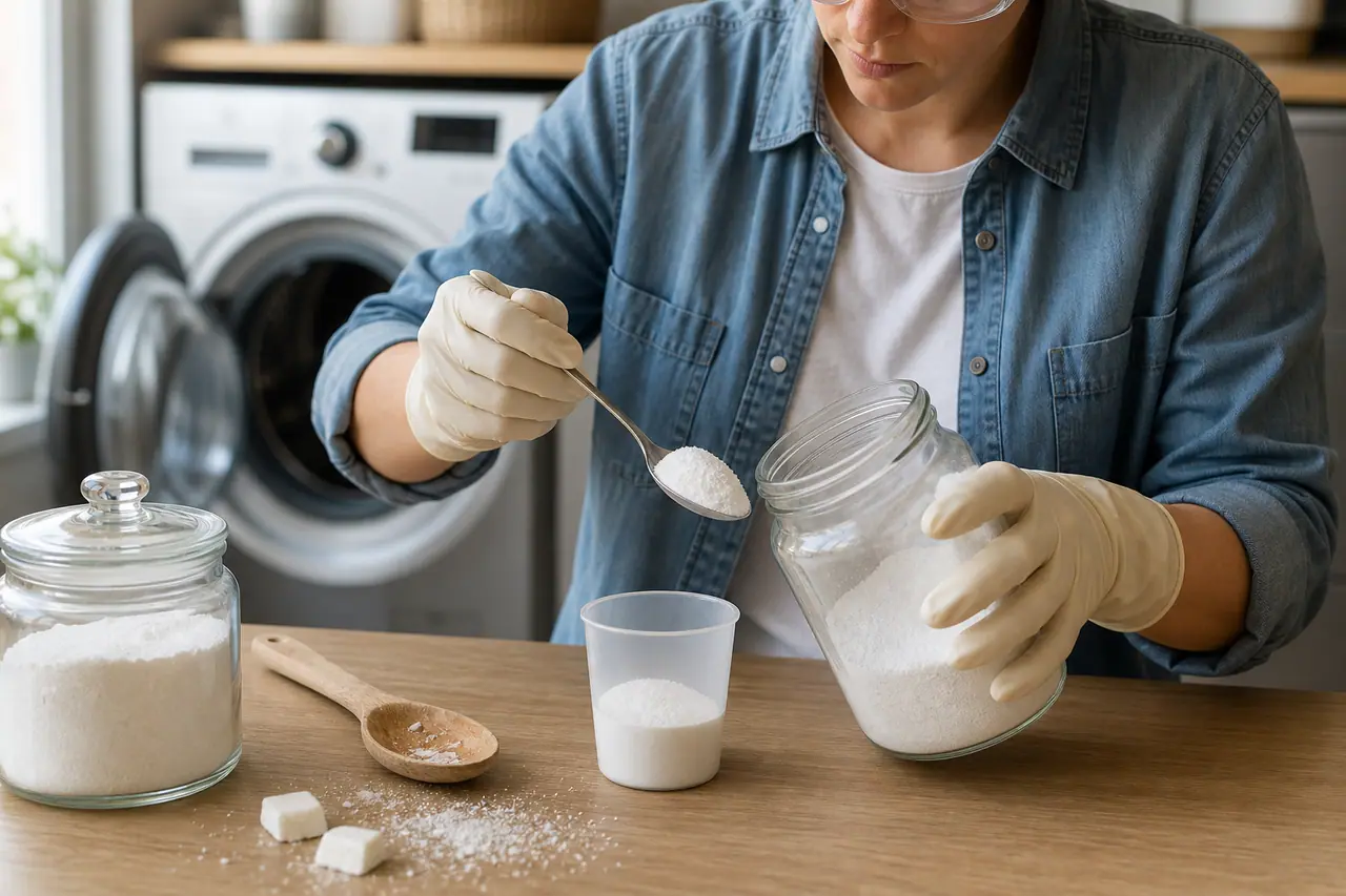 Préparation de lessive en poudre près d’un lave-linge dans une buanderie