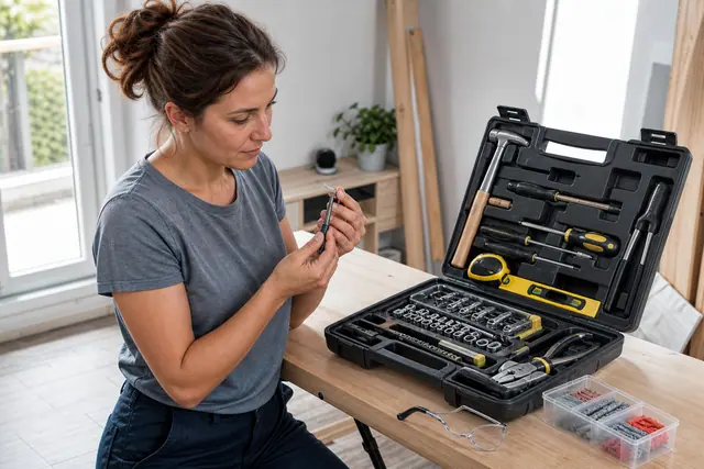 Mallette ouverte avec outils manuels indispensables sur établi dans un appartement.