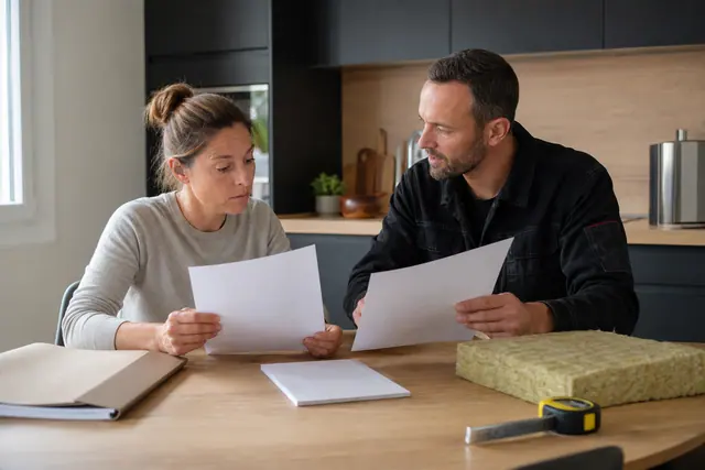 Propriétaire vérifiant un devis de rénovation avec un artisan à table.